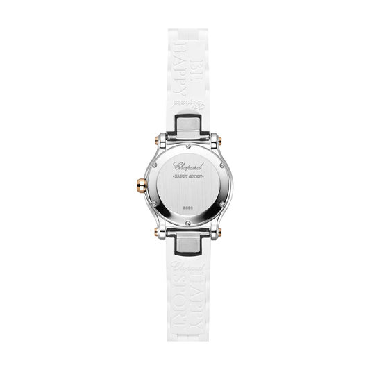 Chopard Happy Sport watch in 18k ethical rose gold and stainless steel with moving diamonds and sapphires, view 2