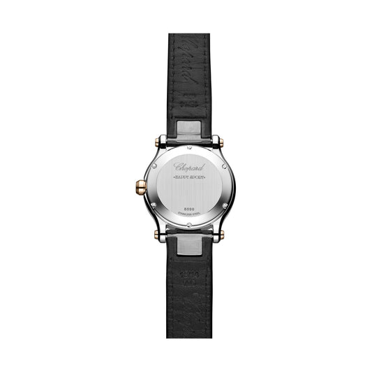 Chopard Happy Sport watch in 18k ethical rose gold and stainless steel with moving diamonds and onyx, view 2