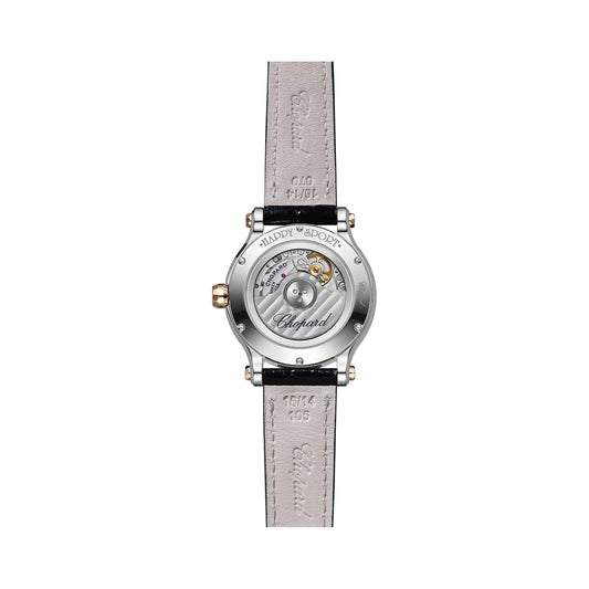 Chopard Happy Sport watch in 18k ethical rose gold and stainless steel with moving diamonds and sapphires, view 2