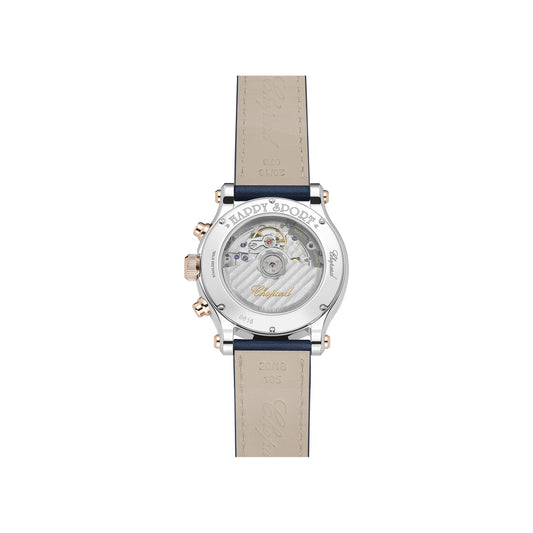 Chopard Happy Sport watch in 18k ethical rose gold and stainless steel with moving diamonds and sapphires, view 2
