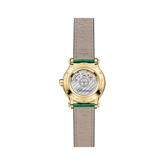 Chopard Happy Sport watch in 18k ethical yellow gold with moving diamonds, garnet and tsavorites, view 2