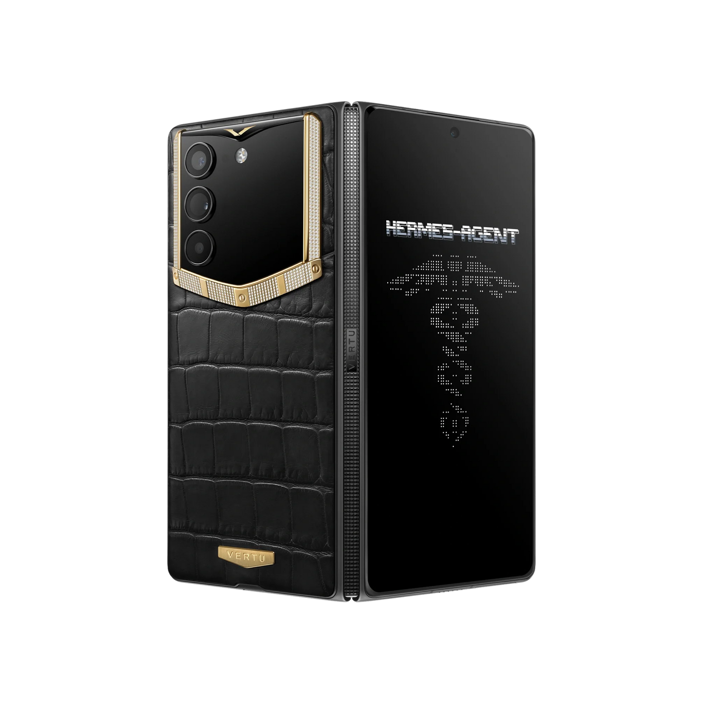 VERTU ALPHAFOLD Bespoke Gold and Diamond phone with alligator leather, folded upright