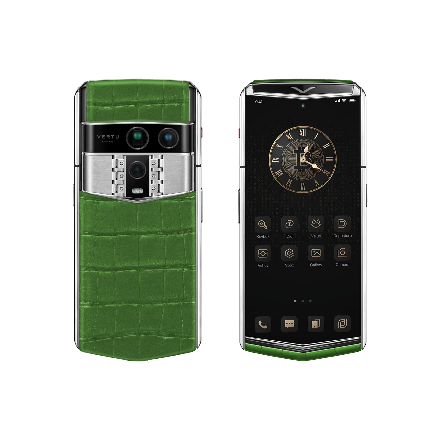 VERTU AGENT Q PHONE BAMBOO GREEN ALLIGATOR SKIN, alligator leather case, seen from above