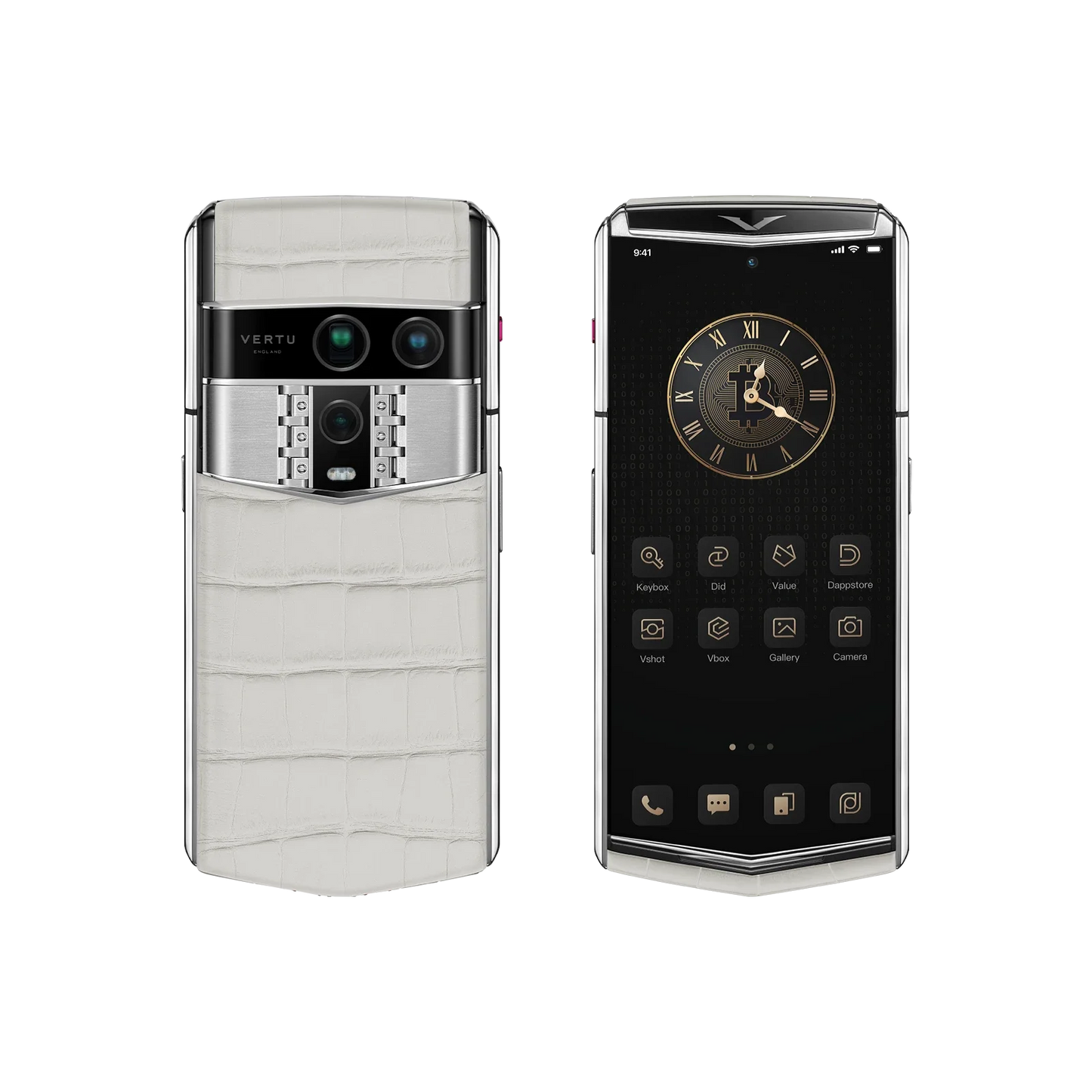 VERTU AGENT Q PHONE GLACIER WHITE ALLIGATOR SKIN, shown from the back and the front with alligator leather case