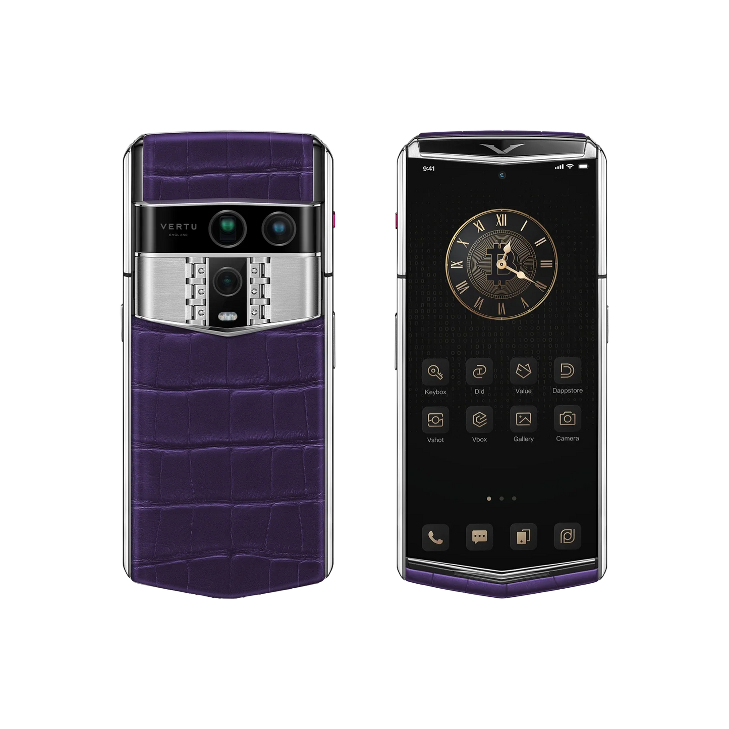 VERTU AGENT Q PHONE GRAPE PURPLE ALLIGATOR SKIN, close-up of the case, alligator leather