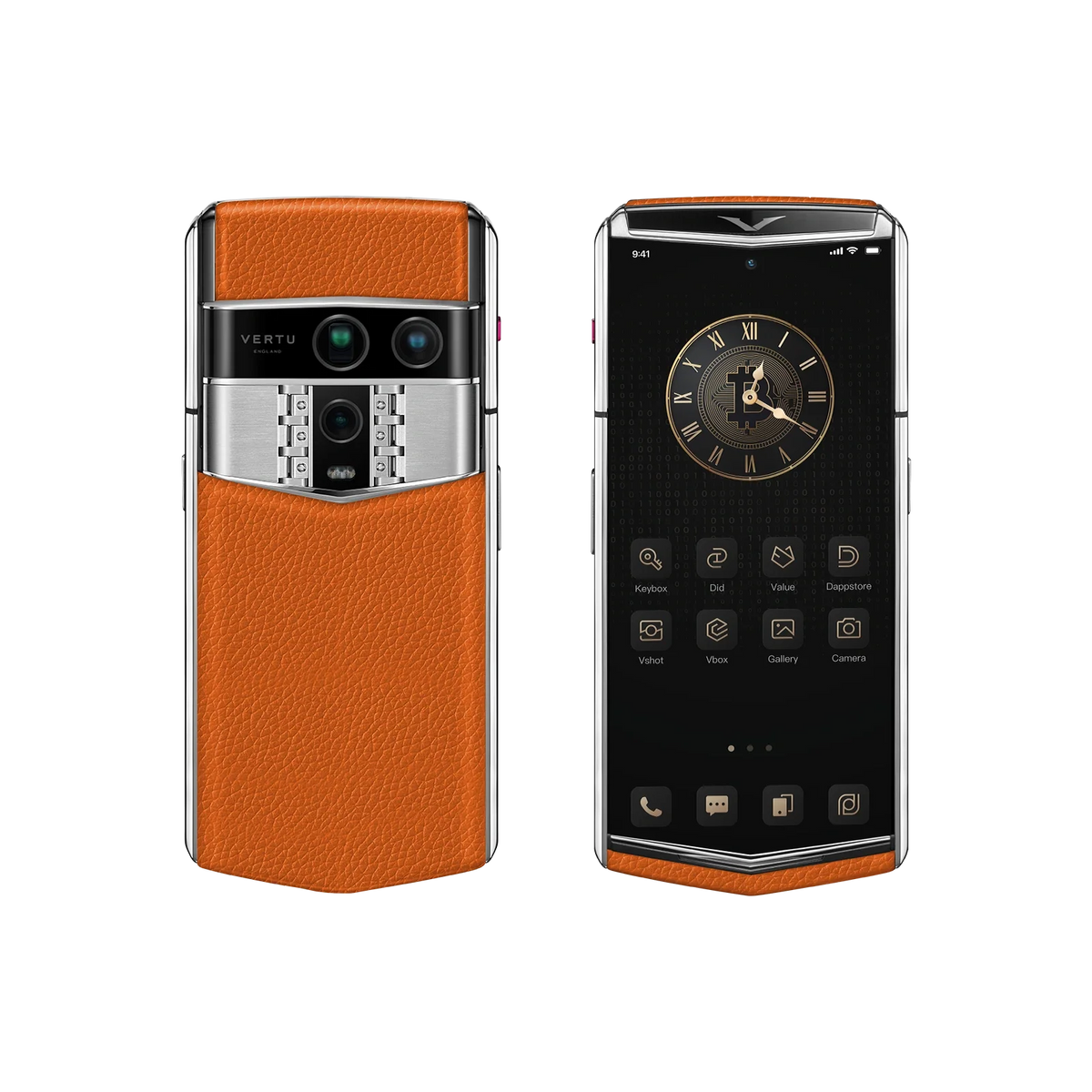 VERTU AGENT Q PHONE GRAINED DAWNING ORANGE CALFSKIN, closed, seen from the front, calf leather case