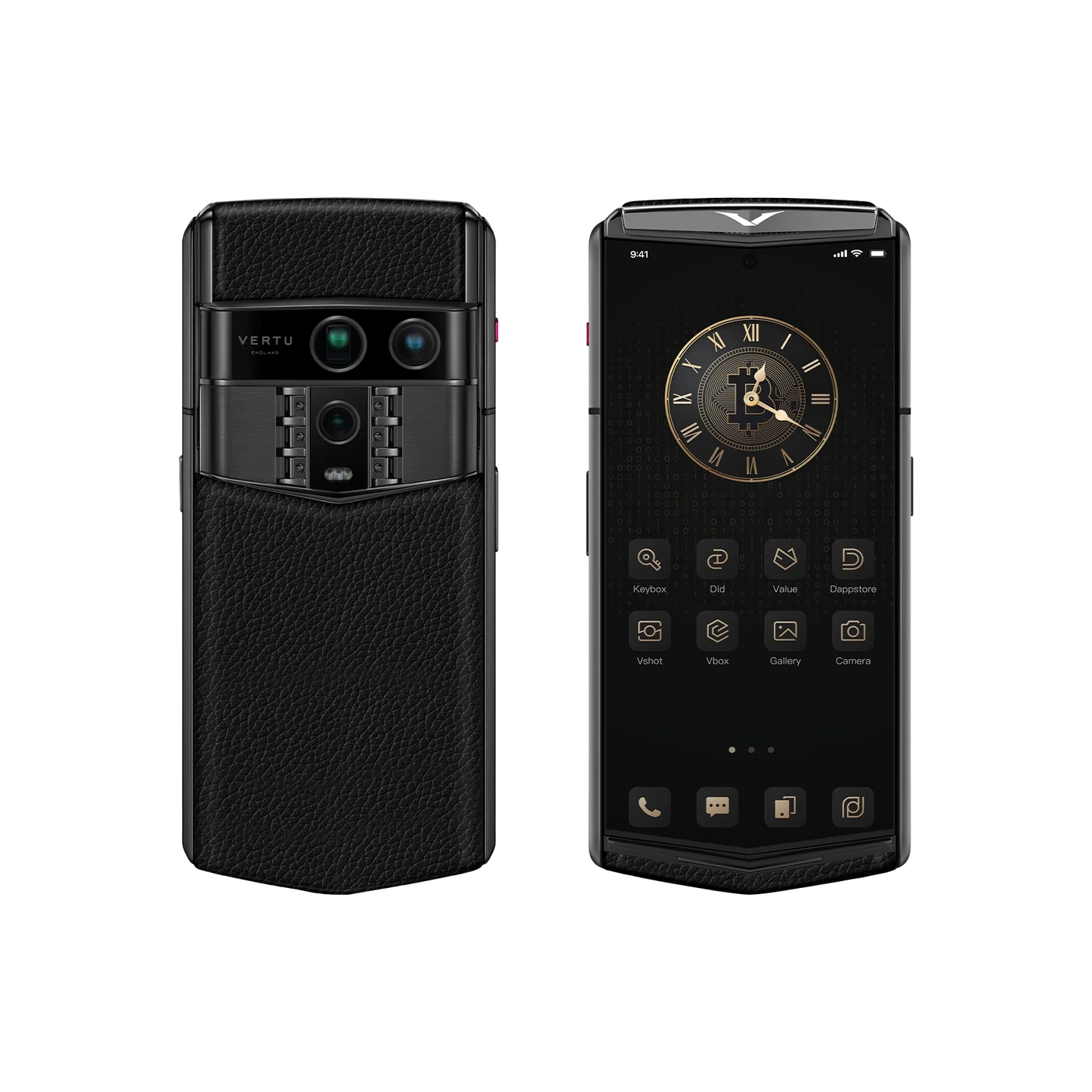 VERTU AGENT Q PHONE GRAINED JADE BLACK CALFSKIN, open, showing the inner screen with calf leather case