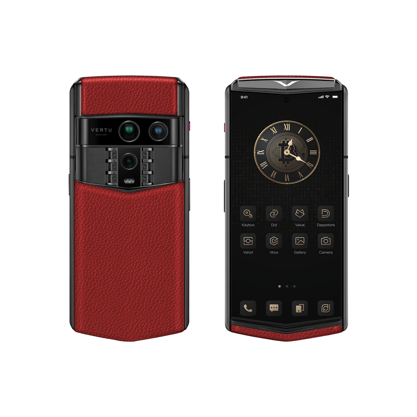 VERTU AGENT Q PHONE GRAINED RASPBERRY RED CALFSKIN, calf leather case, close-up of the case
