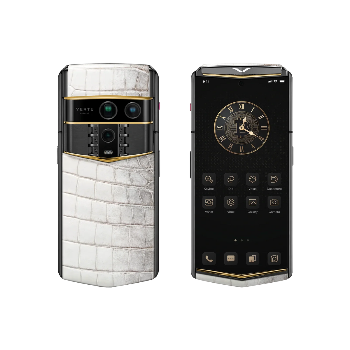 VERTU AGENT Q PHONE HIMALAYA ACCENT GOLD V ALLIGATOR SKIN, side profile with the hinge with alligator leather and gold case