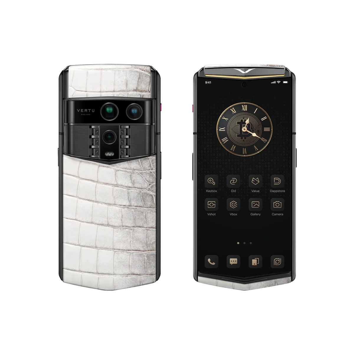 VERTU AGENT Q PHONE HIMALAYA ACCENT GOLD I ALLIGATOR SKIN with alligator leather and gold, closed, seen from the front