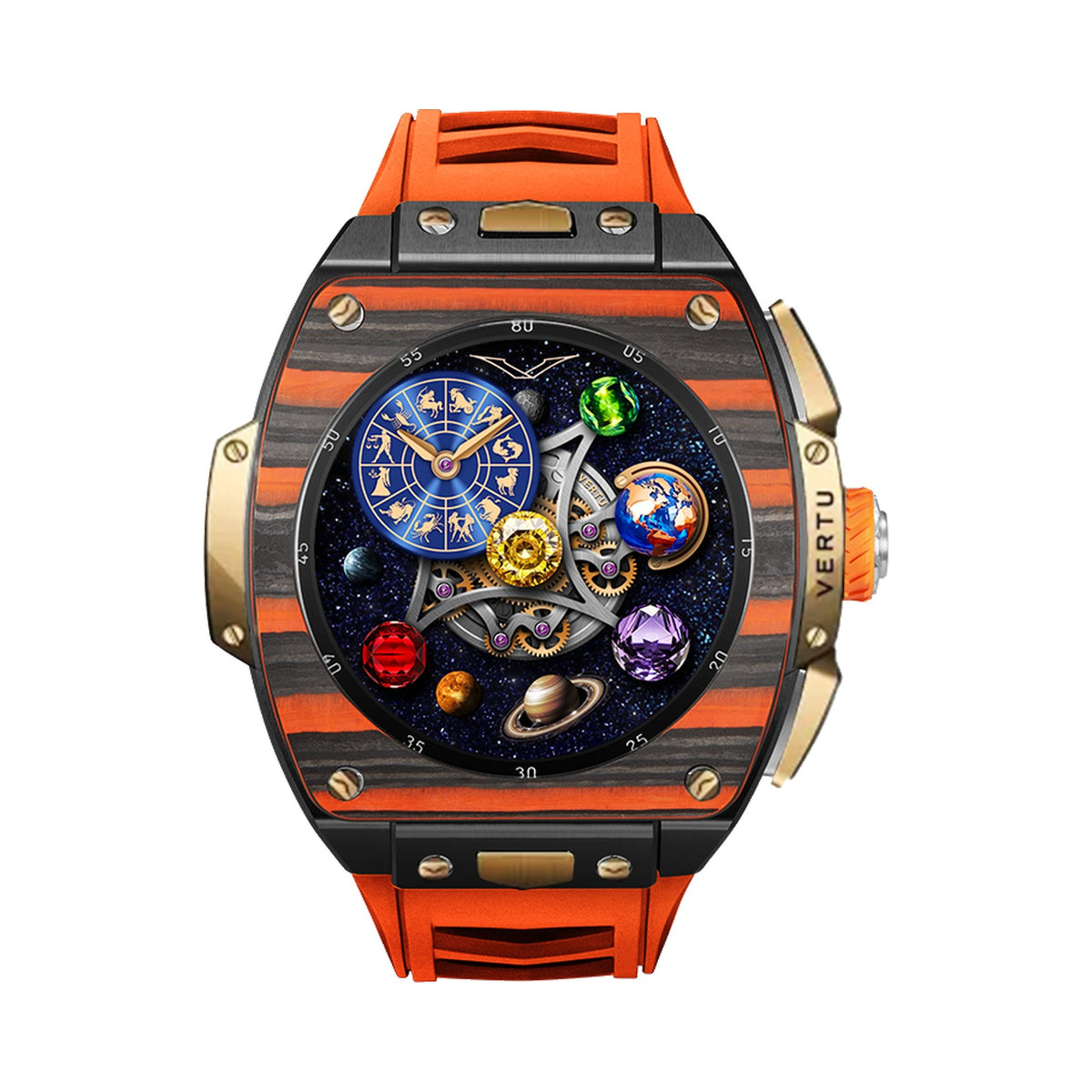 VERTU GRAND WATCH BESPOKE GOLD BLACK AND ORANGE CARBON FIBRE, view 1