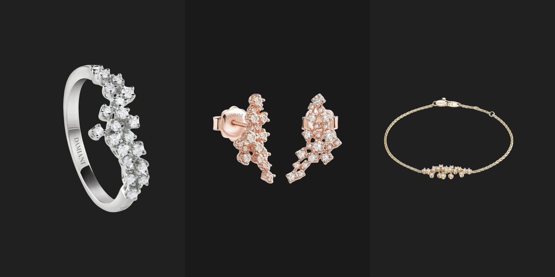Damiani Mimosa ring, earrings and bracelet in white, rose and yellow gold