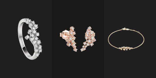 Damiani Mimosa ring, earrings and bracelet in white, rose and yellow gold