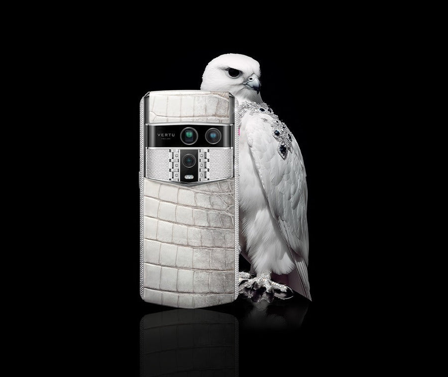 VERTU Agent Q in white alligator skin with a white falcon