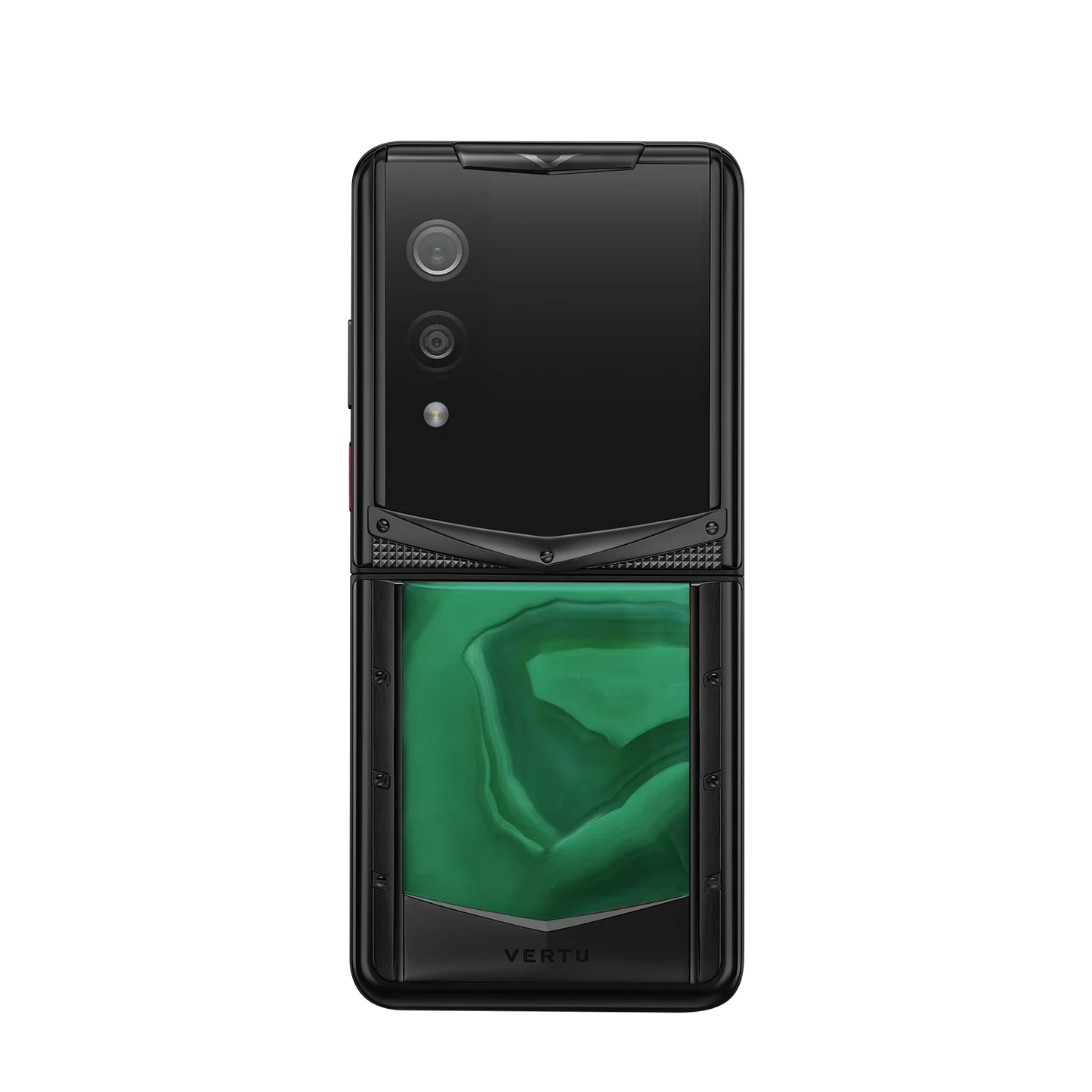 VERTU QUANTUM FLIP PHONE EMERALD GREEN AGATE, hand-polished agate case, closed, seen from the front
