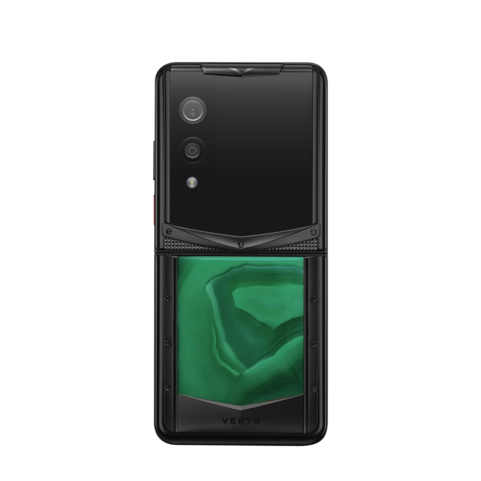VERTU QUANTUM FLIP PHONE EMERALD GREEN AGATE, hand-polished agate case, closed, seen from the front