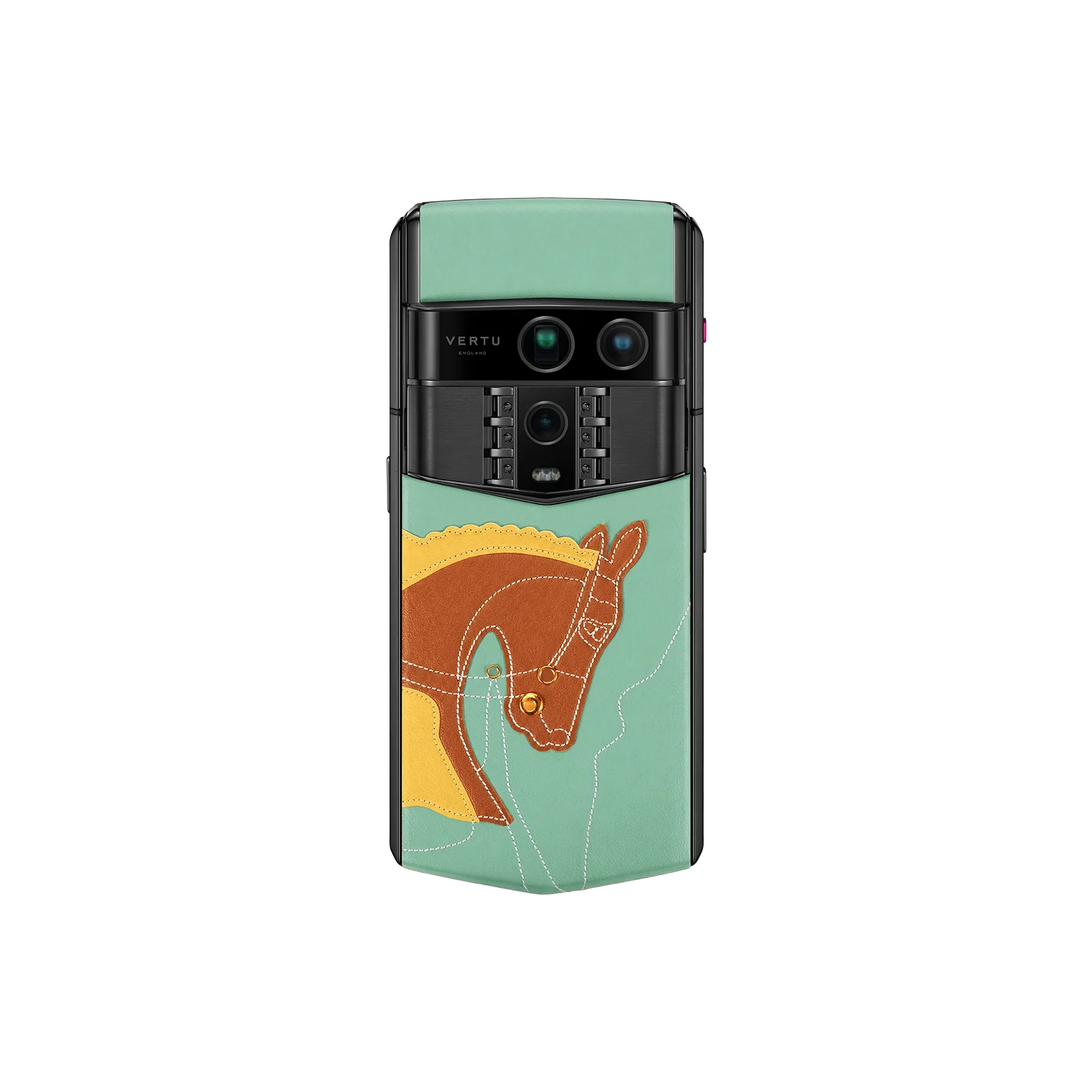 VERTU AGENT Q PHONE SANCAI HORSE COLLECTION GREEN CALFSKIN, close-up of the case with calf leather case