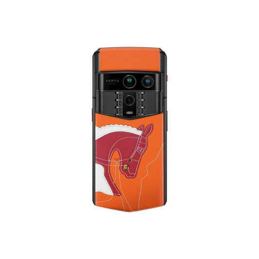 VERTU AGENT Q PHONE SANCAI HORSE COLLECTION CRIMSON FORTUNE EDITION CALFSKIN, side profile with the hinge, calf leather case