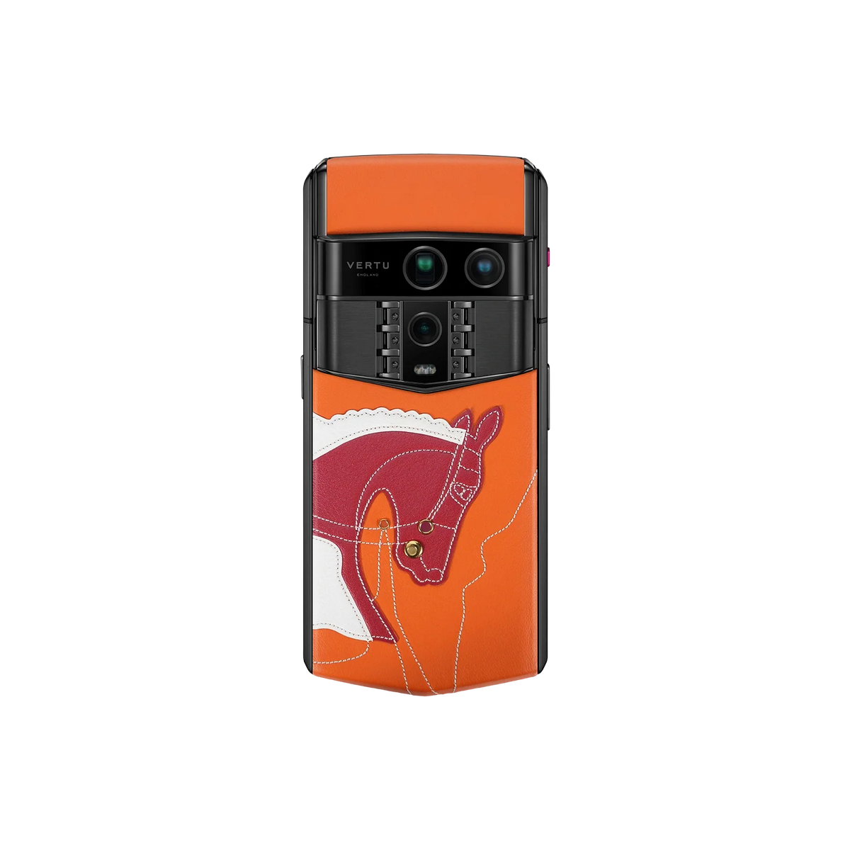 VERTU AGENT Q PHONE SANCAI HORSE COLLECTION CRIMSON FORTUNE EDITION CALFSKIN, side profile with the hinge, calf leather case