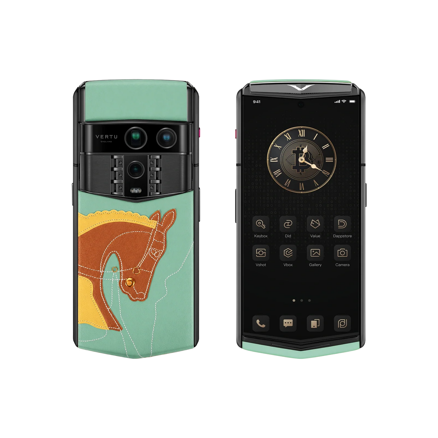 VERTU AGENT Q PHONE SANCAI HORSE COLLECTION GREEN CALFSKIN, close-up of the case with calf leather case