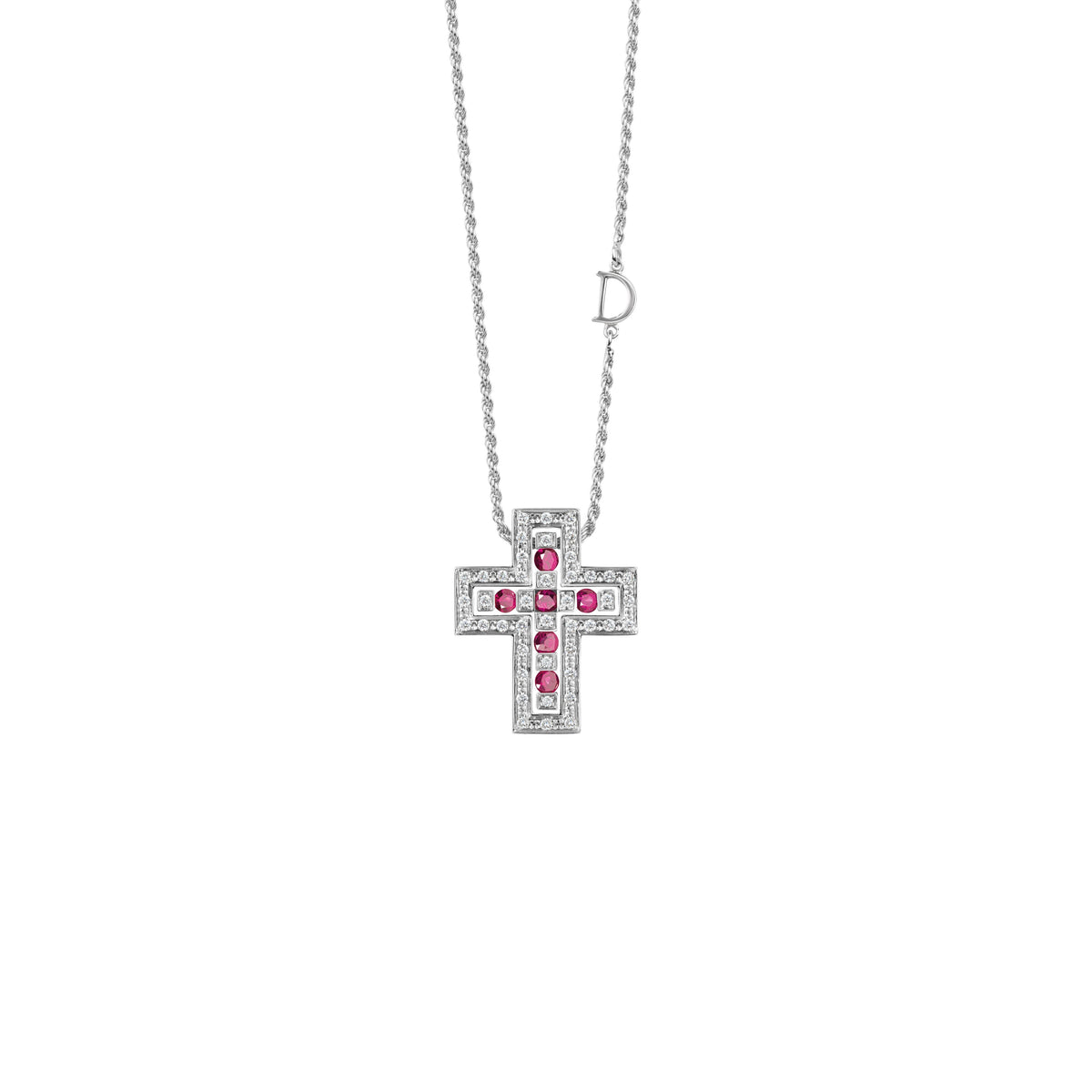 Damiani Belle Epoque Cross 20073459, An 18k white gold cross pendant set with diamonds and rubies