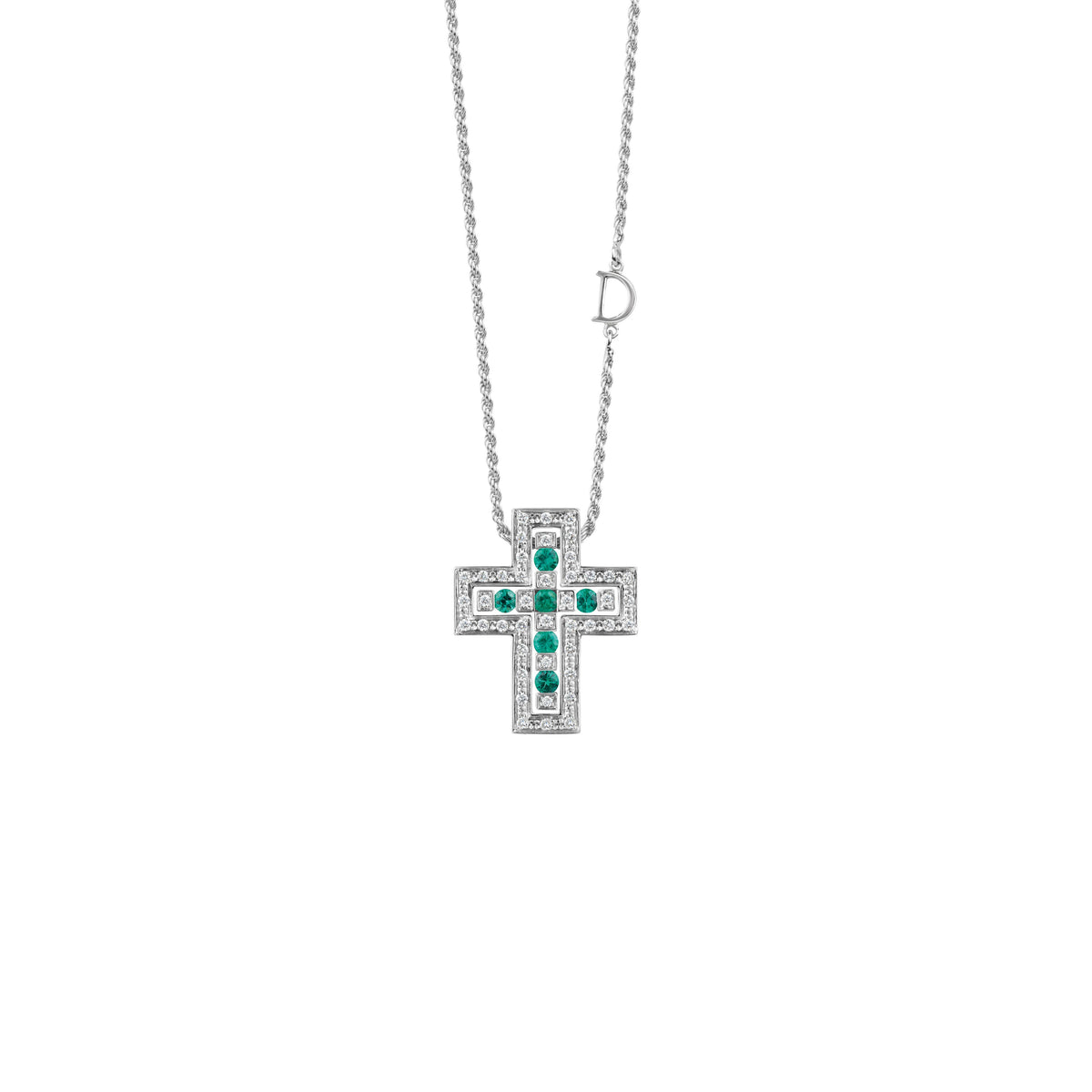 Damiani Belle Epoque Cross 20073460, An 18k white gold cross pendant set with diamonds and emeralds