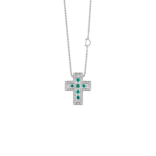 Damiani Belle Epoque Cross 20073460, An 18k white gold cross pendant set with diamonds and emeralds