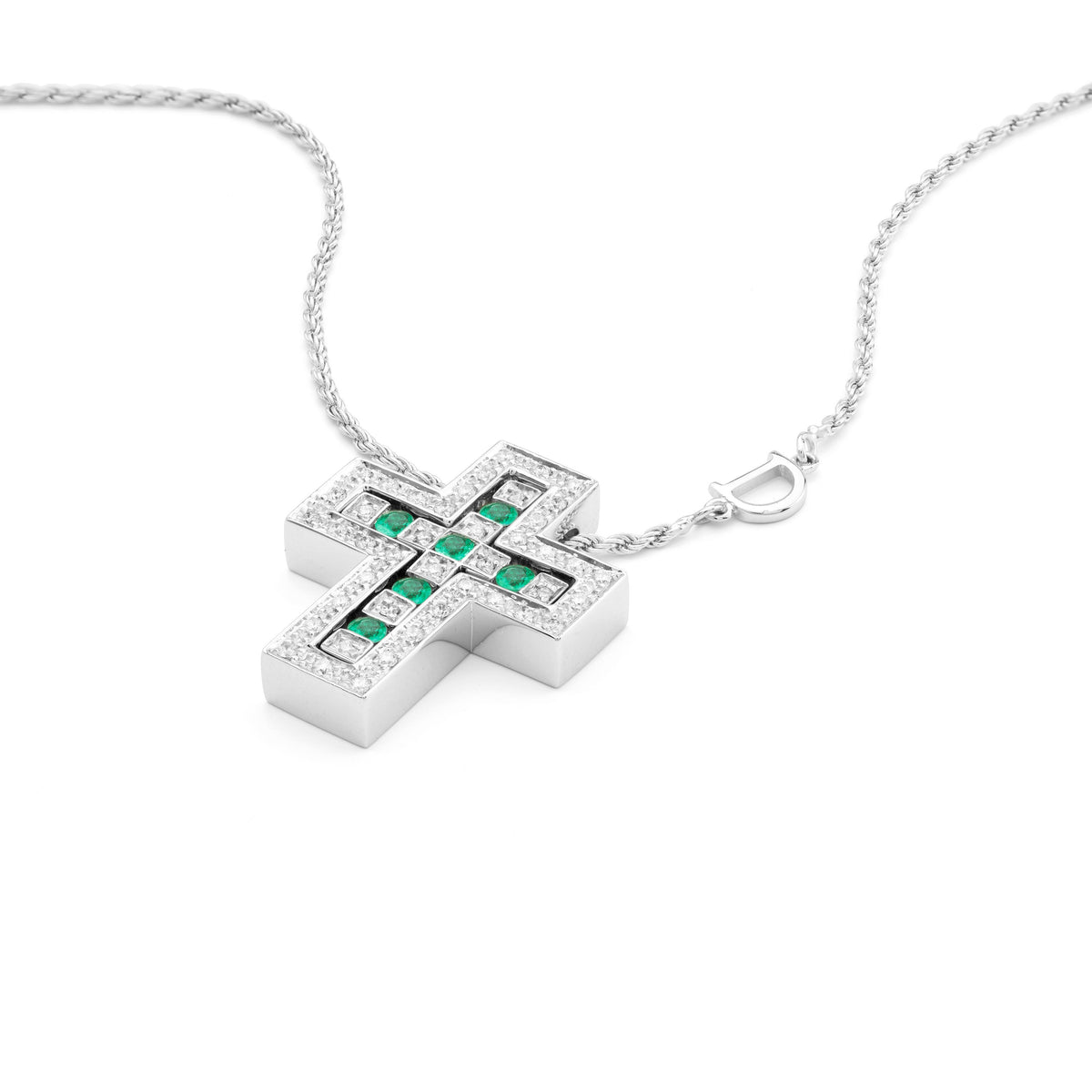Damiani Belle Epoque Cross 20073460, An 18k white gold cross pendant set with diamonds and emeralds