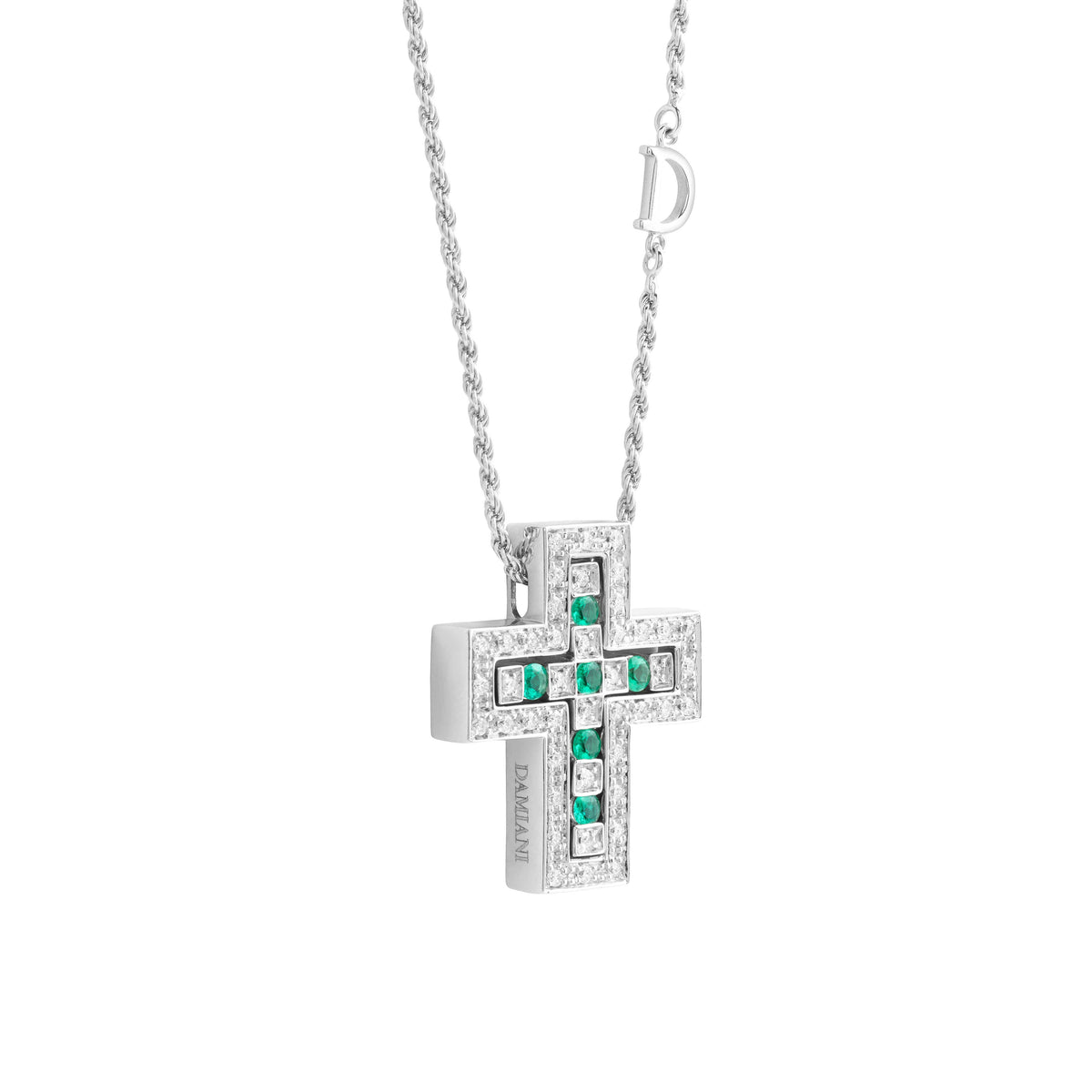 Damiani Belle Epoque Cross 20073460, An 18k white gold cross pendant set with diamonds and emeralds