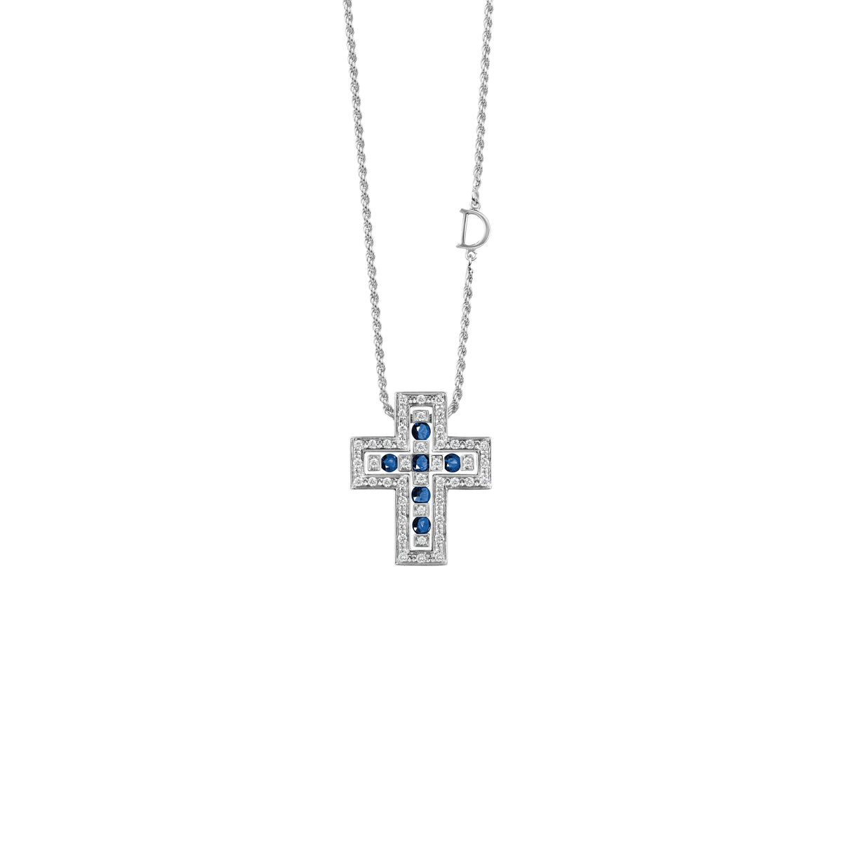 Damiani Belle Epoque Cross 20073461, An 18k white gold cross pendant set with diamonds and sapphires