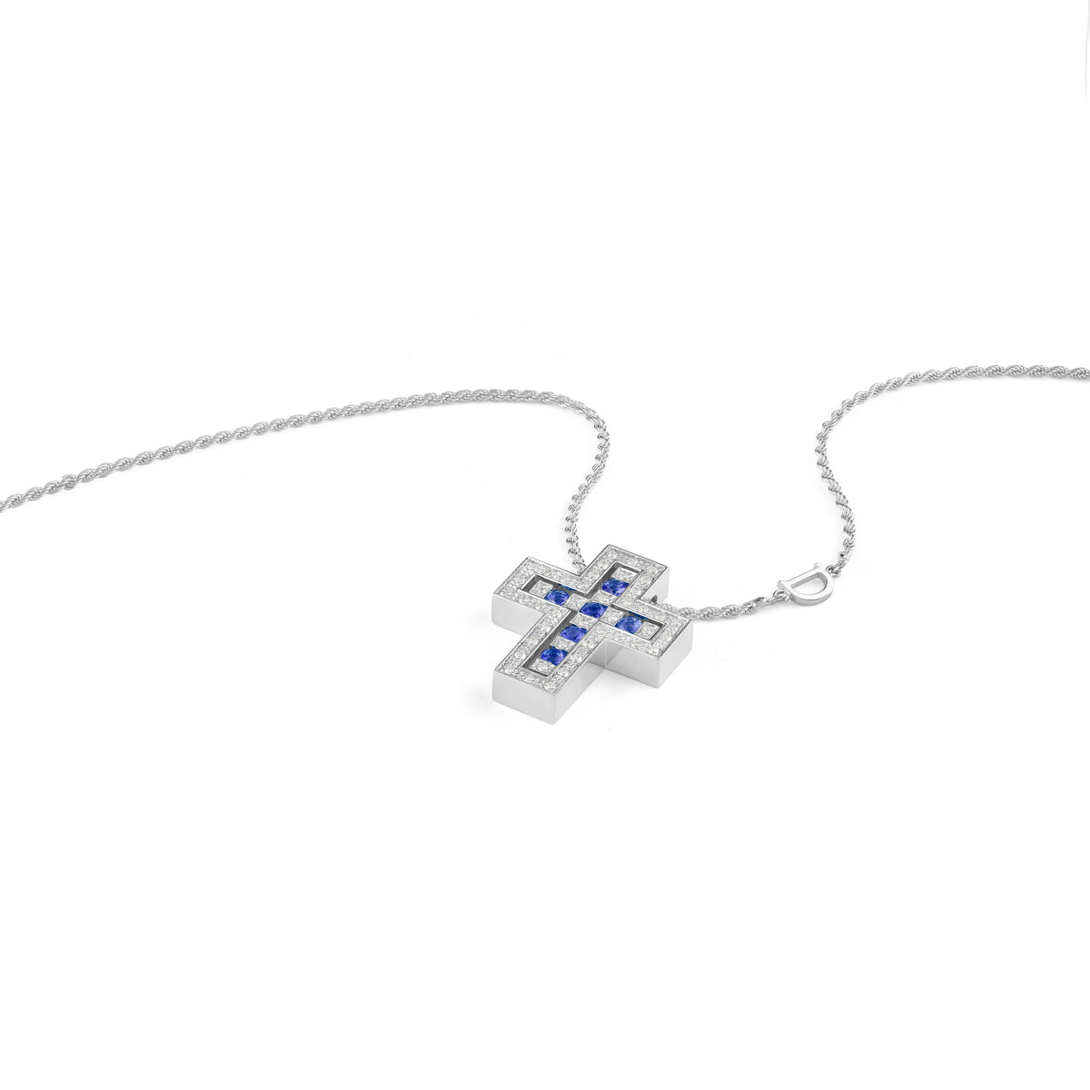 Damiani Belle Epoque Cross 20073461, An 18k white gold cross pendant set with diamonds and sapphires