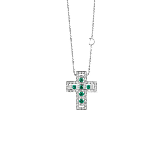 Damiani Belle Epoque Cross 20073473, An 18k white gold cross pendant set with diamonds and emeralds