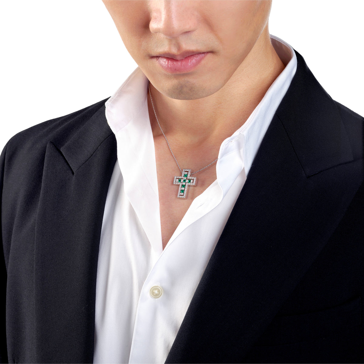 Damiani Belle Epoque Cross 20073473, White gold, diamonds and emeralds necklace