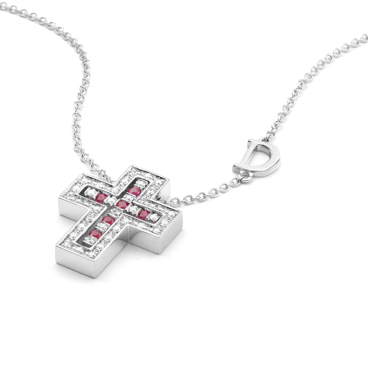 Damiani Belle Epoque Cross 20083510, An 18k white gold cross pendant set with diamonds and rubies