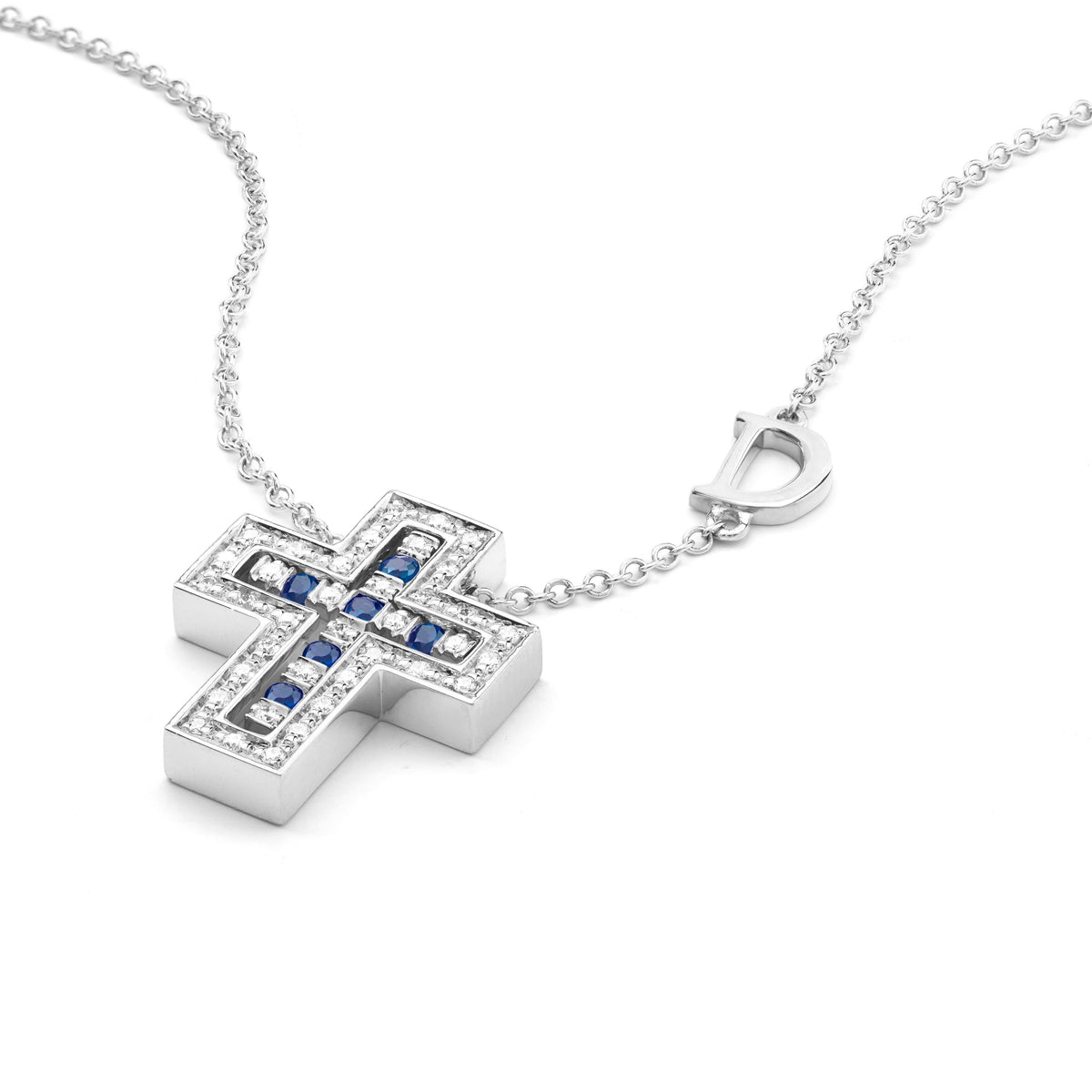 Damiani Belle Epoque Cross 20083513, An 18k white gold cross pendant set with diamonds and sapphires