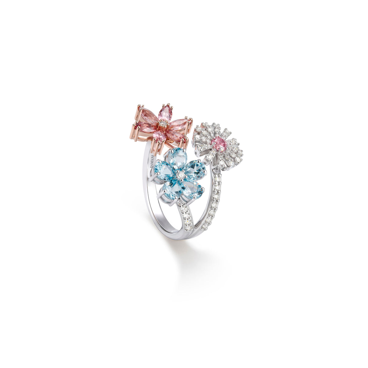Damiani Ring 20115270, White and pink gold ring with pink tourmalines, aquamarine and diamonds
