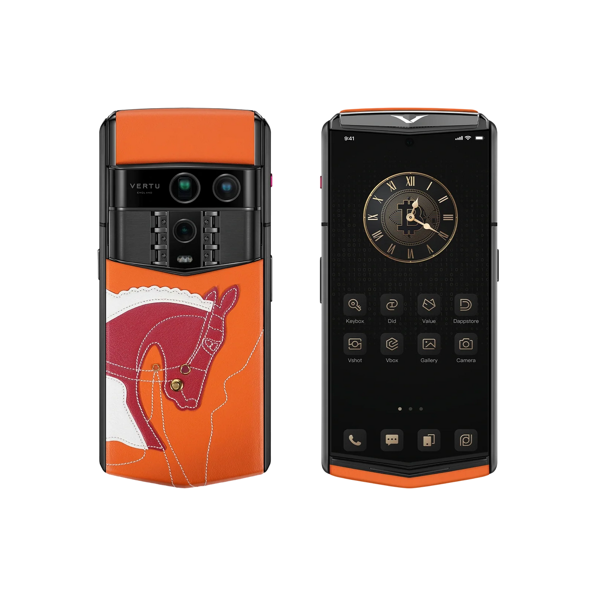VERTU AGENT Q PHONE SANCAI HORSE COLLECTION CRIMSON FORTUNE EDITION CALFSKIN, side profile with the hinge, calf leather case