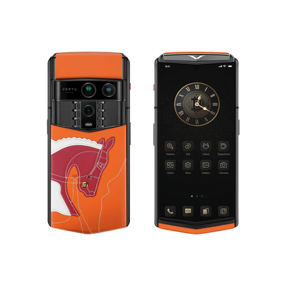 VERTU AGENT Q PHONE SANCAI HORSE COLLECTION CRIMSON FORTUNE EDITION CALFSKIN, side profile with the hinge, calf leather case