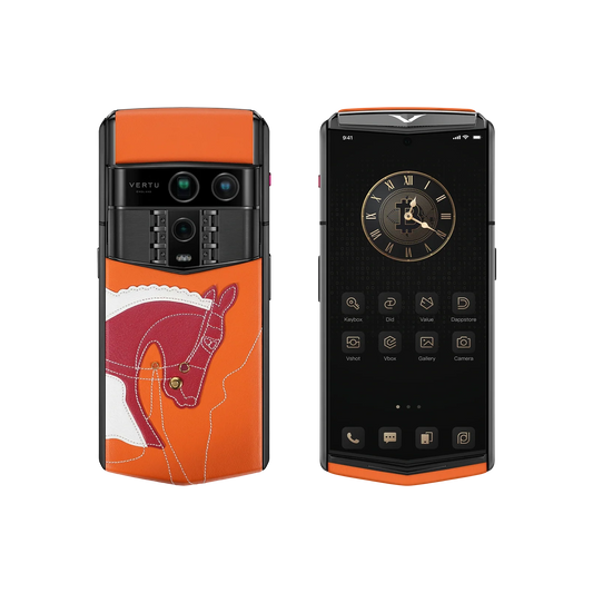VERTU AGENT Q PHONE SANCAI HORSE COLLECTION CRIMSON FORTUNE EDITION CALFSKIN, side profile with the hinge, calf leather case