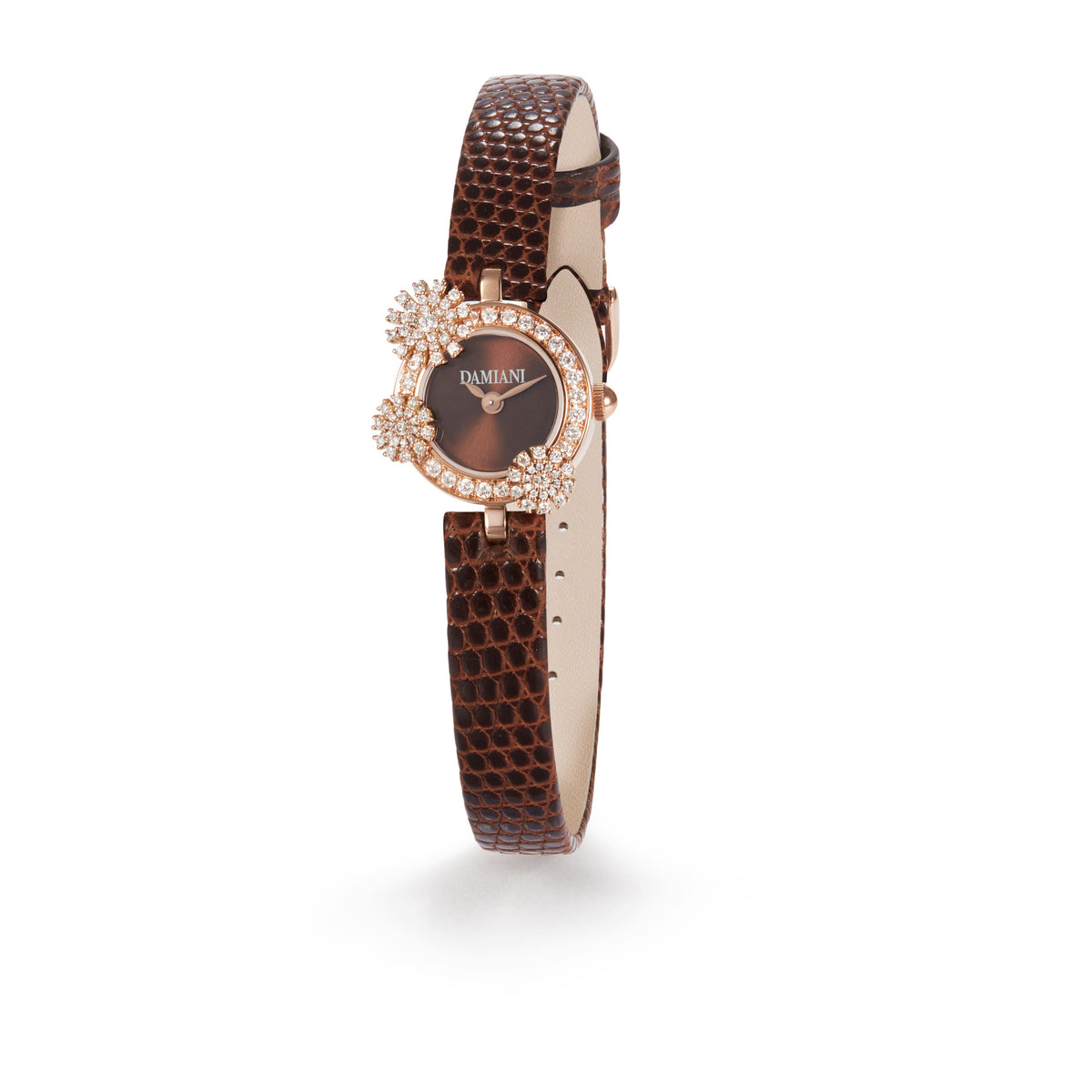 Damiani Watch 30053902, Pink gold watch with diamonds, chocolate dial and chocolate lizard leather strap, 18 mm