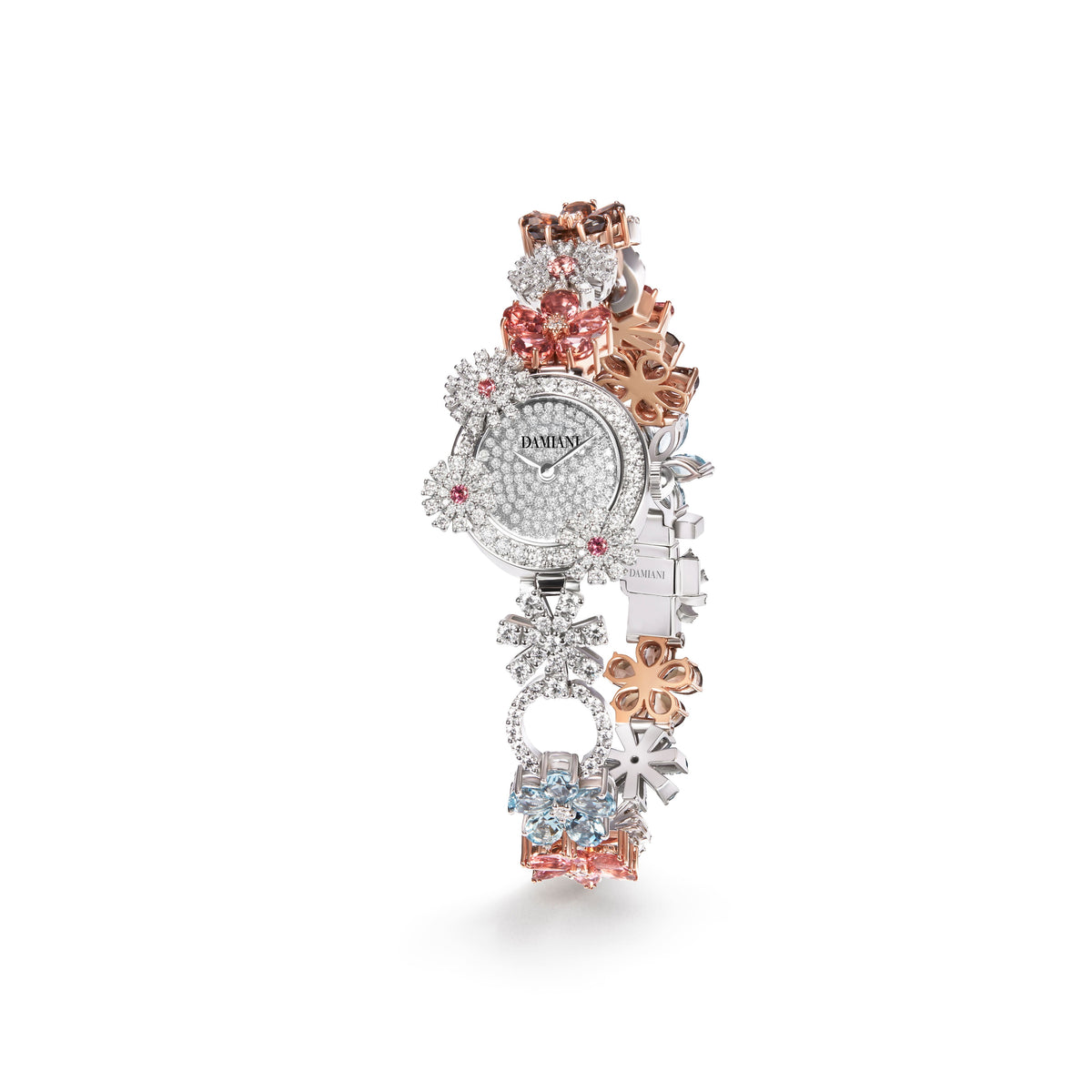 Damiani Watch 30053926, White and pink gold watch with pink tourmalines, aquamarine, smoky quartz and diamonds, 18 mm