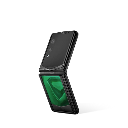 VERTU QUANTUM FLIP PHONE EMERALD GREEN AGATE, back panel with the screen alongside, hand-polished agate
