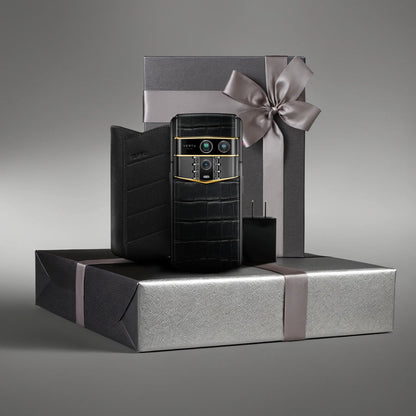 VERTU AGENT Q PHONE 27TH ANNIVERSARY LIMITED EDITION GOLD V ALLIGATOR SKIN, three-quarter view, alligator leather and gold