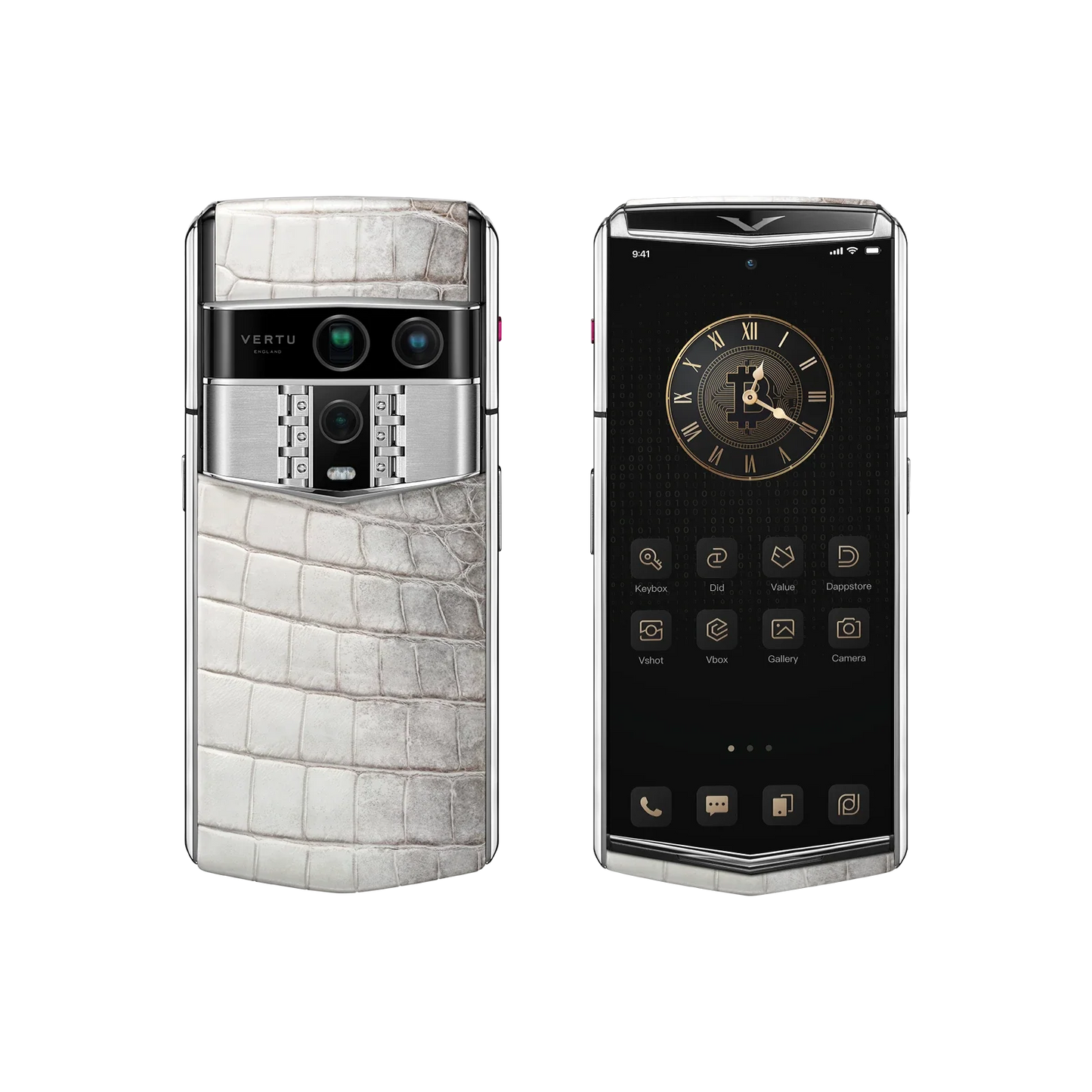 VERTU AGENT Q PHONE BESPOKE HIMALAYA CLASSIC ALLIGATOR SKIN, back panel with the screen alongside, alligator leather and gold