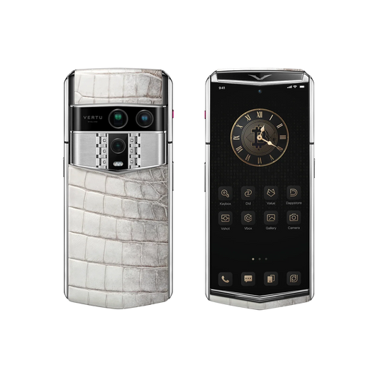 VERTU AGENT Q PHONE BESPOKE HIMALAYA CLASSIC ALLIGATOR SKIN, back panel with the screen alongside, alligator leather and gold