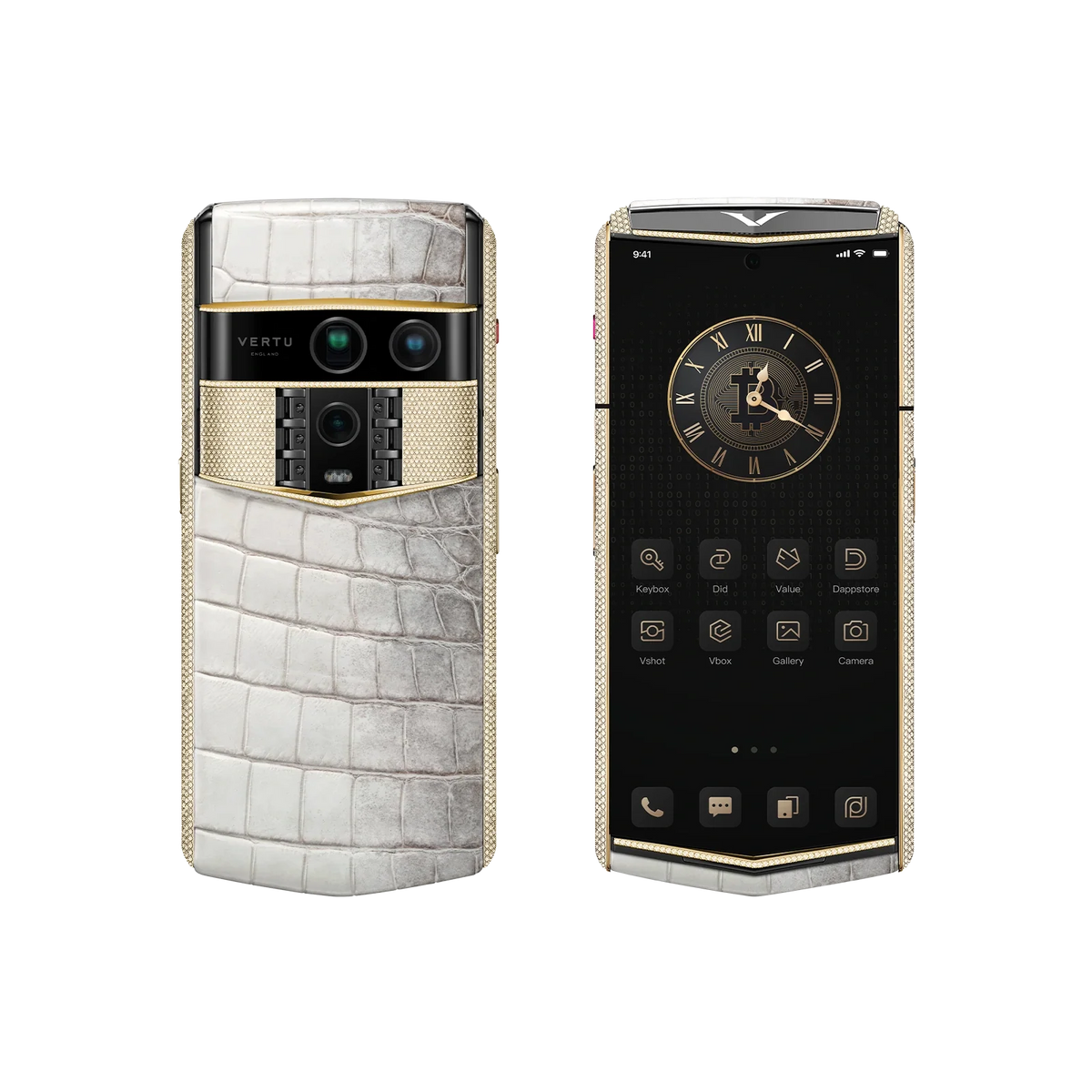 VERTU AGENT Q PHONE BESPOKE HIMALAYA GOLD & FULL DIAMOND ALLIGATOR SKIN, open, showing the inner screen