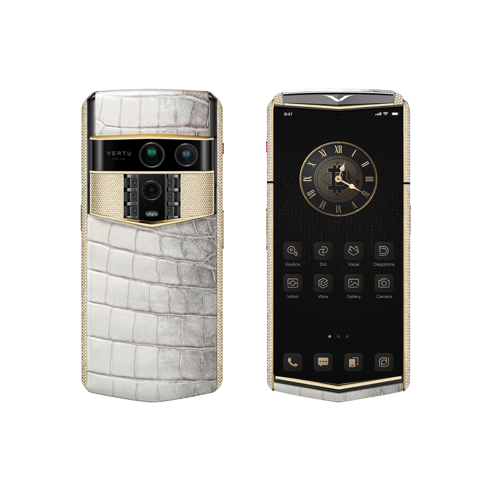 VERTU AGENT Q PHONE BESPOKE HIMALAYA GOLD & FULL DIAMOND ALLIGATOR SKIN, open, showing the inner screen