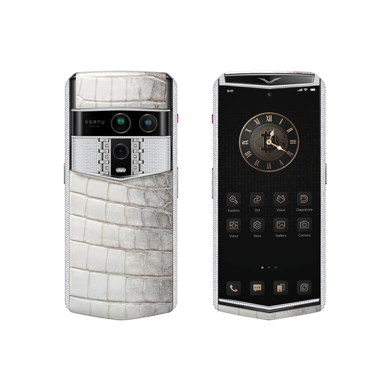 VERTU AGENT Q PHONE BESPOKE HIMALAYA WHITE GOLD & FULL DIAMOND ALLIGATOR SKIN, closed, seen from the front