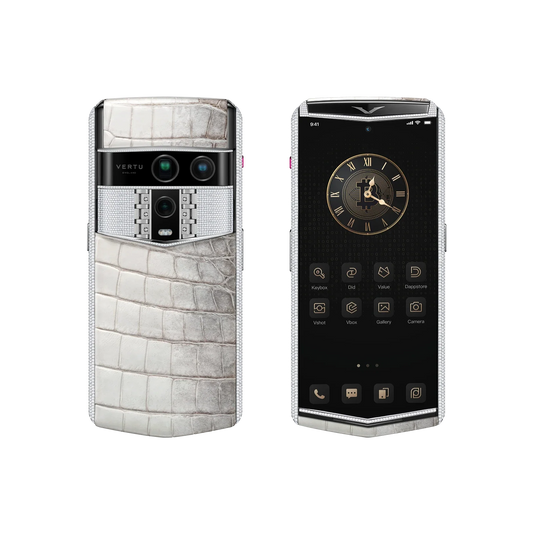 VERTU AGENT Q PHONE BESPOKE HIMALAYA WHITE GOLD & FULL DIAMOND ALLIGATOR SKIN, closed, seen from the front
