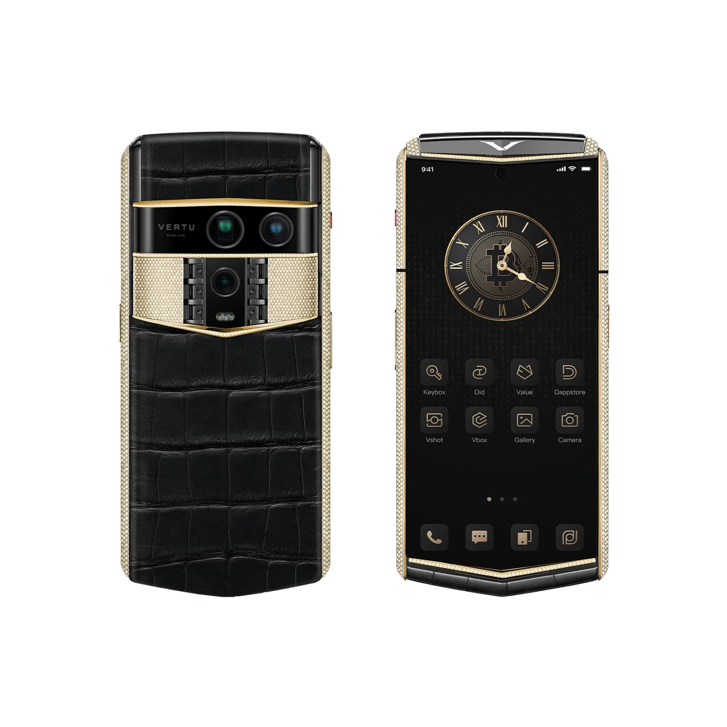 VERTU AGENT Q PHONE BESPOKE IRON BLACK GOLD & FULL DIAMOND ALLIGATOR SKIN, closed, seen from the front